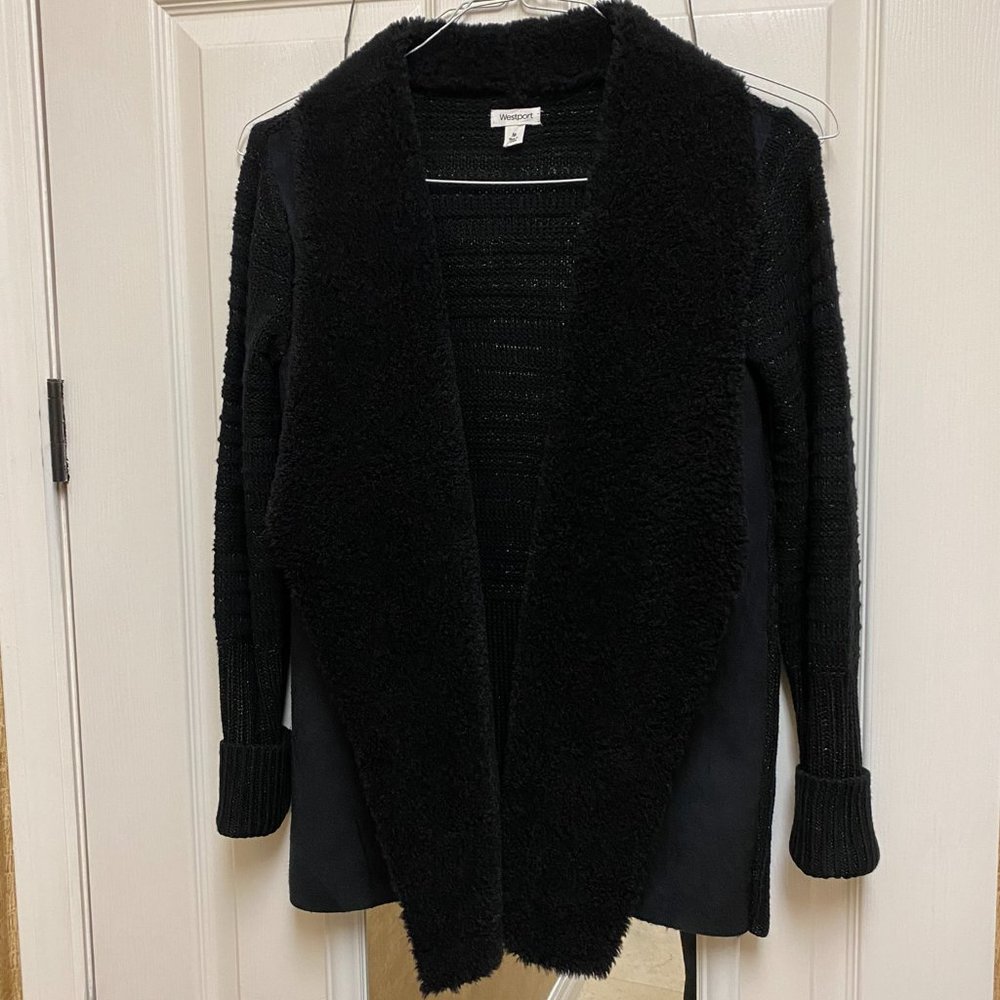 Westport Black Women's Sweater Faux fur collar, Faux suede front panels Size M